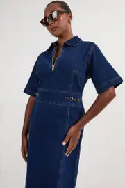 Plus Size Stretch Denim Snaffle Trim Collared Midi Dress