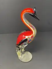 Vintage Hand Blown Glass 12 Inches Red Flamingo Bird Glass Art Sculpture