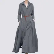 ZANZEA Casual Turn Down Collar Long Sleeve Women Long Dress grey S