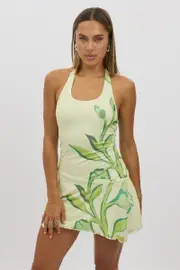 Yellow Floral Mini Dress Halter Neck Mesh - Size 16XL, Women's Skater Dress