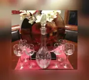 NWT-Toscany Crystal Hand Blown Etched Wine Glass & Carafe Set-Made in Romania