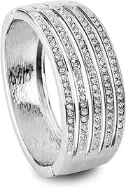 [Lova Jewelry] Statement Clasp Crystal Jewels Silver Tone Metal Bangle Bracelet