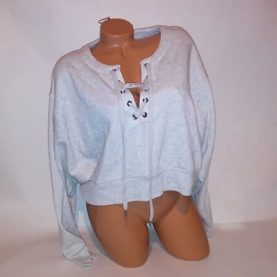 Victoria Secret Sweater XL Crop Top Lace Up Front Long Sleeve Light Gray New