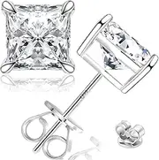 [Tunzug] Princess Square Moissanite Diamond Stud Earrings 0.8-3 Carat Princess Cut D Color VVS1 Clarity Lab-Made Women's Diamond Stud Earrings 18K White Gold Plated 925 Sterling Silver Scrub Earrings