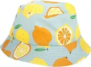 [Minkissy] Cute Printing Hat Summer Beach Sun Hat Uv Protection Wide Brim Cap for Boys and Girls Fishermen Lemon Blue