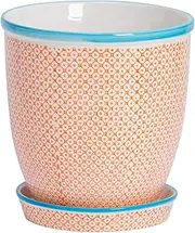 Nicola Spring Patterned Plant Pot with Saucer - Orange - 20.5cm Porcelain Indoor Ceramic Planter with Drainage Holes Outdoor Garden Flower Pots for House & Garden Flowers