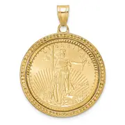 14K Yellow Gold Wideband Distinguished Coin Jewelry 14Ky Beaded & Diamond-Cut Prong Mounted 1/4Oz American Eagle Bezel Pendant