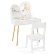 Costway 3-Hook Princess Dressing Table Chair Makeup Vanity Set w/2-Color LED Mirror & Drawers White