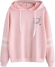[SweatyRocks] Women's Planet Print Varsity Striped Drawstring Pullover Sweatshirt Hoodies Tops