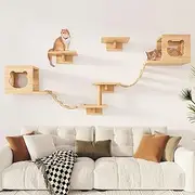 Cat Wall Shelves and Perches Set, Floating Cat Wood Climb Furniture, Cat Wall-Mounted Playing Climber, 2 Cat Houses & 4 Cat Shelves & 2 Ladders & 1 Cat Scratching Post
