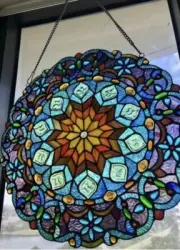 21" Tiffany Style Stained Glass Round Floral Window Panel Suncatcher