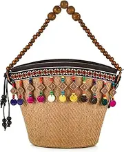 [WNV] Women Straw Shell Crossbody Shoulder Bag Boho Summer Beach Woven Handmade Top-handle Hobo Tote Purse With Beads Pendants