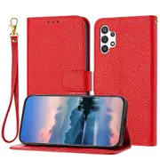 Galaxy A32 5G Case Litchi Grain PU Leather Folio Cover Magnetic Closure Flip Wallet Card Slots Stand Case With Hand Strap, Brown - Red