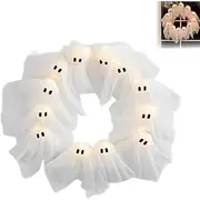 Halloween Ghost Wreath 12 LED Light-Up White Ghost Garland with LED Lights Spooky Indoor Outdoor Hanging Decoration for Front Door