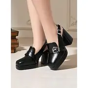 Women's Black Slingback Platform Loafers - Chunky Heel Dress Shoes with Western Buckle for Office, Parties, and Vintage-Inspired Outfits