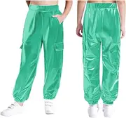 [Kvysinly] Kids Girls Boys Shiny Metallic Leggings Trousers Jazz Hip Hop Street Dance Harem Pants Performance Wear