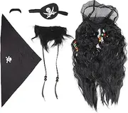 Pirate Style Black Braided Fake Beard Moustache Set Wig Headscarf for Halloween Party Costume