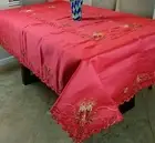 70" Square Red Embroidery Christmas Poinsettia Candle Tablecloth w/ 8 Napkins
