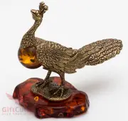 Solid Brass Amber Figurine of bird peafowl with amber ball IronWork