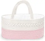 Baby Diaper Caddy Organizer for Girl Boy Rope Nursery Storage Bin Basket Portable Holder Tote Bag for Changing Table Car Travel Baby Shower Gifts Newborn Essentials Registry Must Have Items Pink