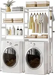 Cozivolife Over the Washer and Dryer Storage Shelf Bamboo,5 Tiers Laundry Room Drying Rack with Adjustable Shelves and 4 Hooks,Space Saver Organizer for Hanging Clothes and Towels (White)