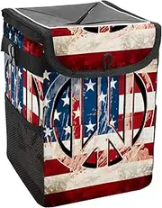 Car Trash Can with Lid and Storage Pockets Leak-Proof Organizer,Waterproof Garbage Can,Vintage American Flag Peace Love Sign
