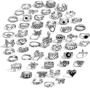 [IFKM] 15-63 PCS Vintage Silver Knuckle Rings Set for Women Teen Girl, Stackable Joint Finger Statement Rings Bohemian Retro Hollow Carved Midi Rings, Boho Y2k Snake Butterfly Heart Chunky Stacking Rings Pack