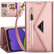 Samsung Galaxy A22 4G Phone Case Wallet [Not Fit 4G] N.Bekus Leather Flip Zipper Pocket Magnetic Purse With Strap & Card Holder for Girls Women (Rose Gold)