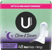 Clean & Secure Overnight Maxi Pads with Wings, Extra Heavy Absorbency, 48 Count