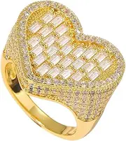 [DFWY] Hip Hop Full Iced Out Love Heart Shape Ring - Women 18K Gold Plated Bling CZ Simulated Diamond Ring - Fashion Band Ring Jewelry (Color : Gold, Size : 10)