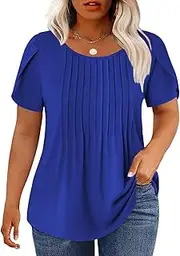 [VOGRACE] Womens-Plus-Size-Summer-Tops Trendy Petal Short Sleeve T Shirts Casual Crewneck Cute Flowy Pleated Blouses Tunics Tee