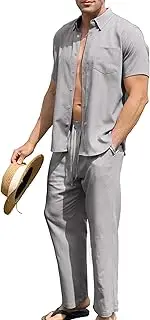 [URRU] Men’s 2 Piece Linen Outfit Summer Beach Short Sleeve Button Down Shirt and Pants Set, Grey, Small