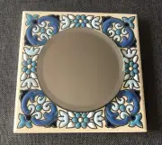 Handmade Painted Cearco Spanish Small Square Tile Round Mirror Blue Floral NWT