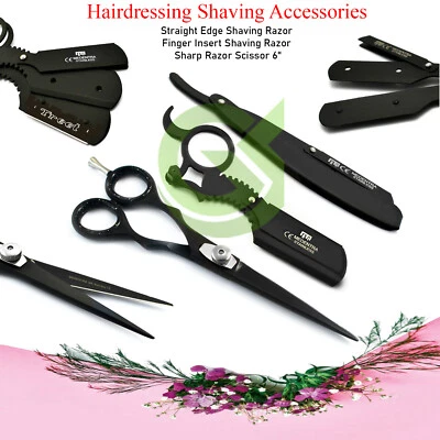 Black Steel Shaving Razor Straight 6'' Hair Cutting Scissors Barber Razor Ring/H