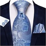 [VSOLS] Men's Blue Black Striped Tie 3.4" Tie Pocket Square Cufflinks Wedding Party Silk Tie Set (Color : SN-3448, Size : 59.06 * 3.35in)