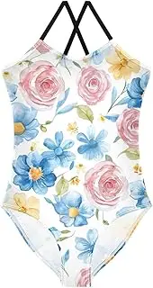 [GuoChe] Girl 1 Piecing Swimsuits Watercolor Flowers Peach Blue Roses Daisies Bathing Suit Girl Swimsuits for Teen Girls Beach