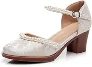 [GHAKKE] Elegant Pearl Embellished Block Heel Sandals Women Closed Round Toe Low Heel Wedding High Heels Prom Evening Party Dress Ankle Strap Shoes(5.5)