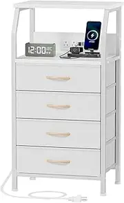 [Furnulem] Night Stand with Charging Station, Dresser with PVC & Fabric Drawers, 33.3 Inch Side Table with Open Shelf, Tall Bedside Table for Closet, Entryway, Bedroom Furniture, 3 Ways to Use, White
