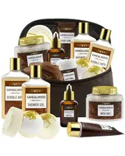 Lovery Sandalwood Mens Bath Gift Set, Spa Gift Basket with Leather Cosmetic Bag