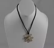 Acomo Sterling Silver 925 Hammered Flower On Cord Handcrafted Artisan Jewelry
