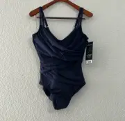 Miraclesuit Navy Madero Slimming Mesh One Piece Swimsuit 6516665 NWT Size 16
