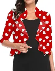 [Aceshion] Women's Open Front Cropped Cardigan 3/4 Sleeve Casual Shrugs Jacket Draped Ruffles Bolero Cardigan, Valentines Day-c, Small