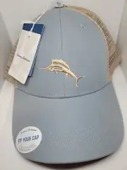 NEW NWT TOMMY BAHAMA Tip Your Cap HAT Adjustable Baseball Light Blue TAN Marlin