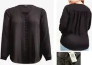 NWT Torrid 00 Black Georgette Pintucks Long Sleeve Button Front Top, Size M/L 10