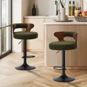 Oikiture 2x Bar Stools Gas Lift Boucle Fabric Green