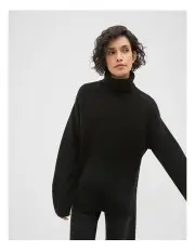 [Seed Heritage] Merino Wool Roll Neck Side Split Knit Jumper in Black
