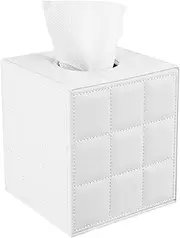 Square Leather Tissue Box Cover - Solid and Stylish Tissue Box Holder with Magnetic Bottom and PU Leather Exterior for Vanity Dresser, Bedside Table (White, One Size)