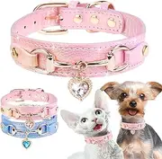 Cute Small Dog Cat Collar, Unique PU Leather - Bling Sparkle in The Sunlit, Puppy Collars with Rhinestone Heart Pendant, Pet Dog Necklace Collar Chihuahua (Pink, XS (Neck 8"-10"))