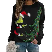 Women The Grinch Printed Sweatshirt Crew Neck Christmas Casual Loose Pullover Jumper Tops Black L