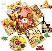 TFMOJHST Premium Cheese Board Gift Set- Charcuterie Board with Four Sliding Doors Comes with Round Fruit Tray and Knife Set,Perfect for Weddings, Holiday Gifts